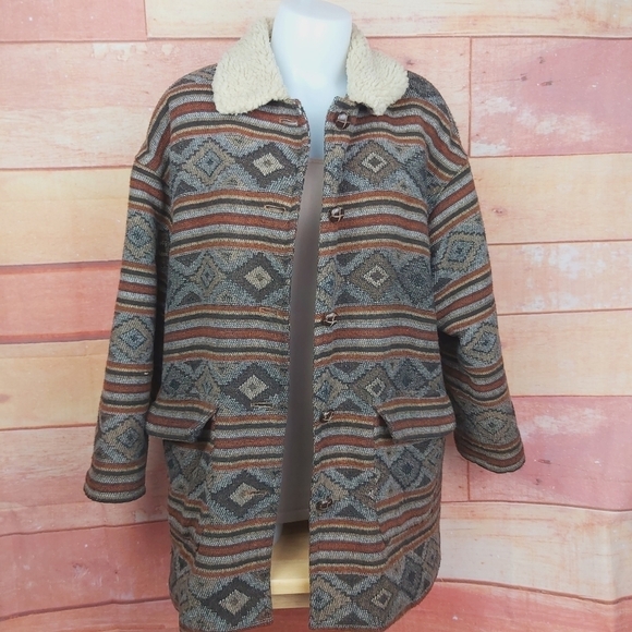 VINTAGE Aztec print woolblend winter coat boho western - Picture 1 of 10